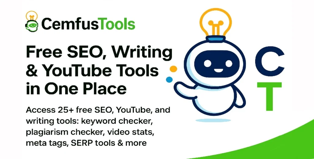 cemfustools CemfusTools offers SEO tools, writing tools & YouTube tools free. Check keywords, stats, plagiarism, meta tags, URLs, SERPs, and more banner
